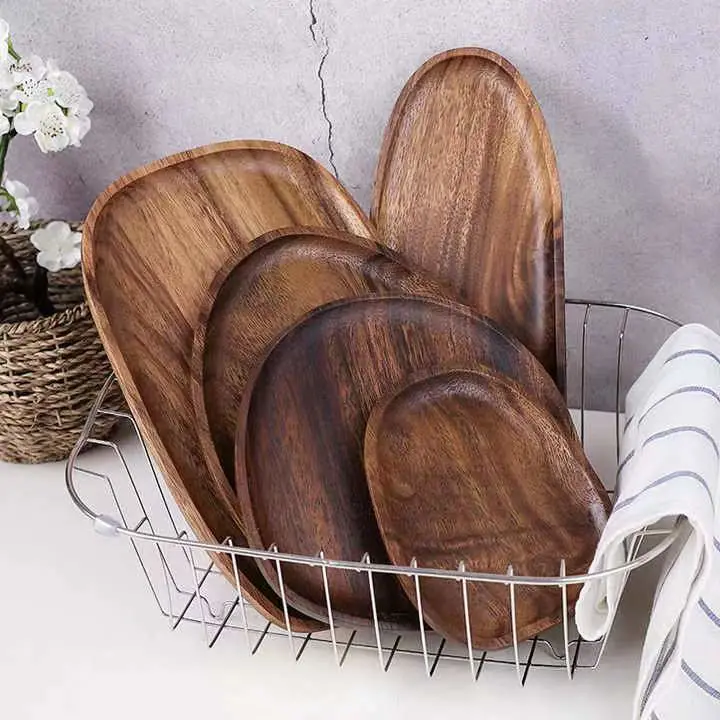 Acacia Wood Irregular Dinner Plate Set Wooden Plate Dessert Tray