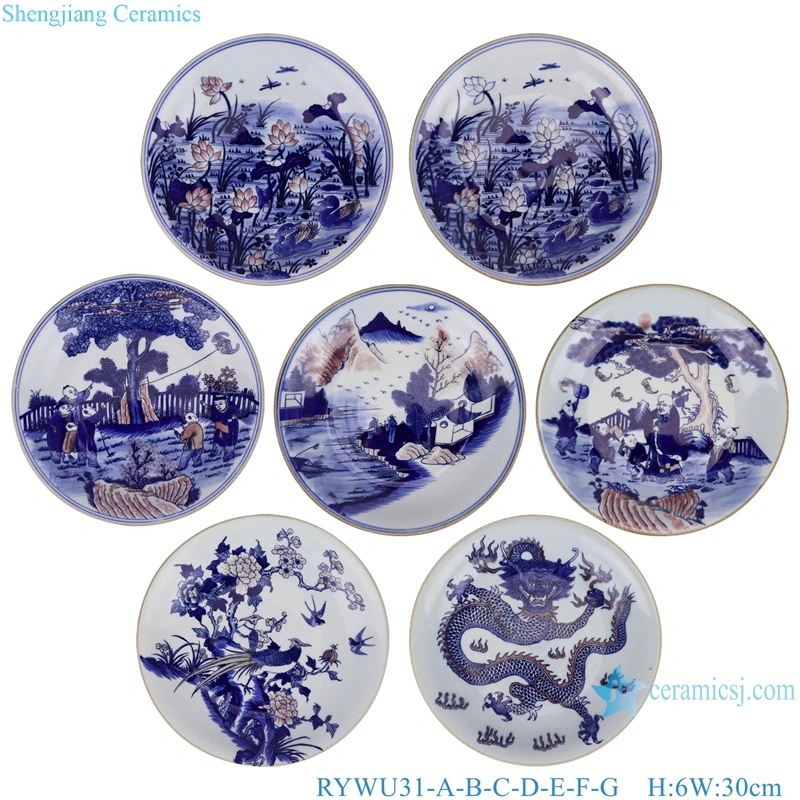 Jingdezhen Porcelain Underglazed Red Landscape, Dragon, Different Flower and Bird Pattern Ceramic Decorative Plate