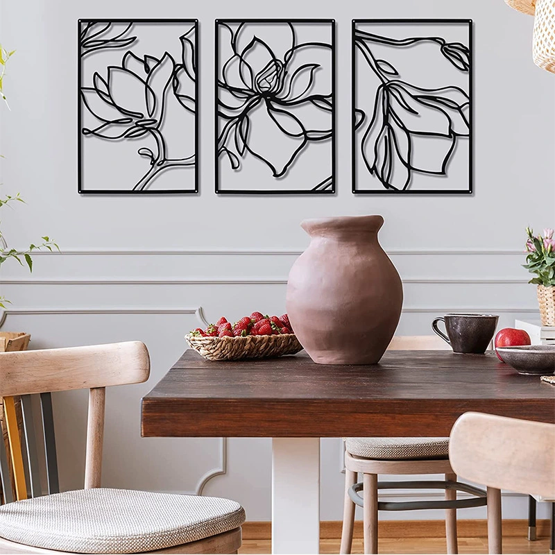 3 Panels Metal Flowers Wall Decor Modern Abstract Nature Floral Line Wall Sculpture Minimalist Decor Metal Home Hanging Wall Art for Home Decoration